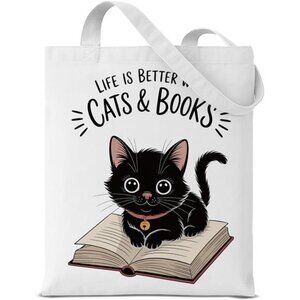 Cute Cat Canvas Tote Bag Aesthetic Reusable Shoulder Bag for Cat Lovers